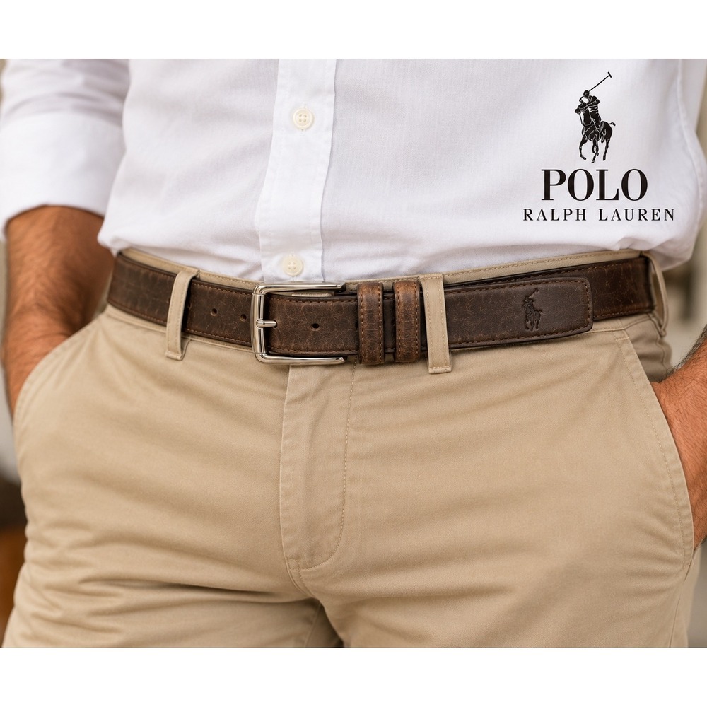 Polo Ralph Lauren Mens Brown Italian Leather Belt Silver Buckle 38